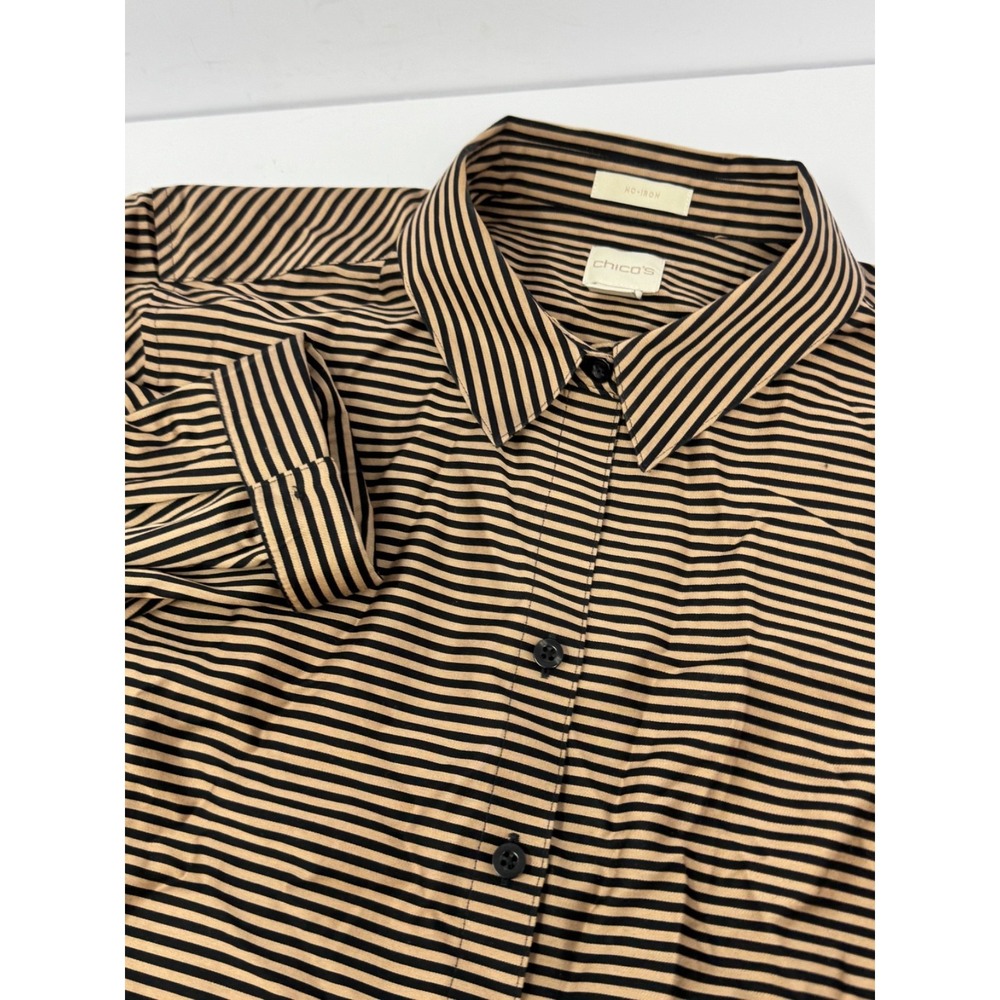 Chico's No Iron Cotton Black/Brown Striped Button Blouse Size 3 Women's M1